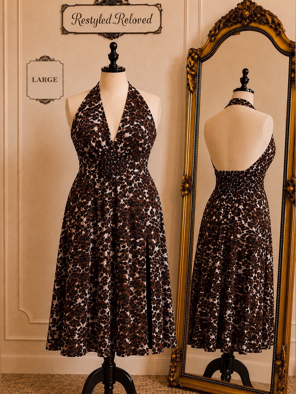 S.DEER Leopard Print Halter Maxi Dress | Backless | Side Slit | Rosette Detail